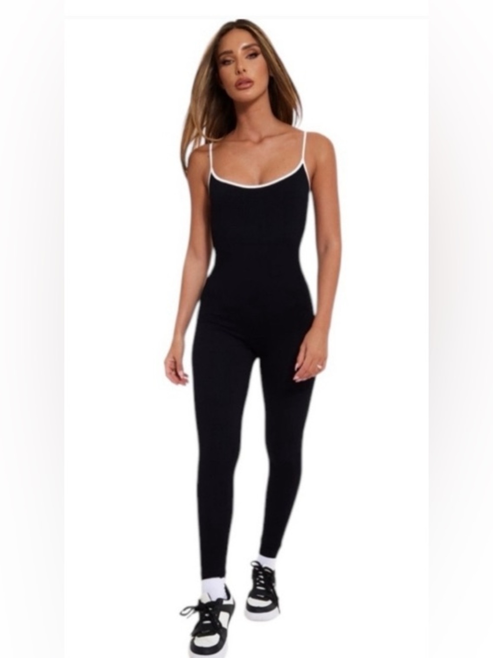 NWT Wilo The Label black ribbed jumpsuit with skinny white stripe trim Size L